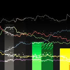 Bunte Linien auf schwarzem Hintergrund, die Daten einer Ipsos Umfrage darstellen. Balken und Punkte visualisieren die Ergebnisse.