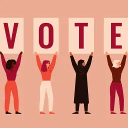 Vier Frauen halten Plakate mit den Buchstaben V, O, T, E hoch. Ein Symbol für den Kampf um das Frauenwahlrecht in Neuseeland.
