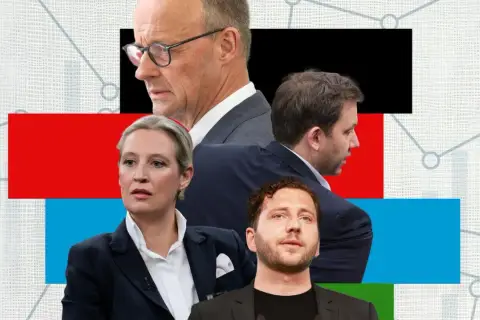 Politikergesichter vor bunten Flächen und Diagrammen. Die sonntagsfragen heute: Wer wird die Zukunft gestalten?