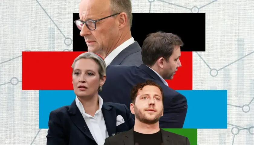 Politikergesichter vor bunten Flächen und Diagrammen. Die sonntagsfragen heute: Wer wird die Zukunft gestalten?