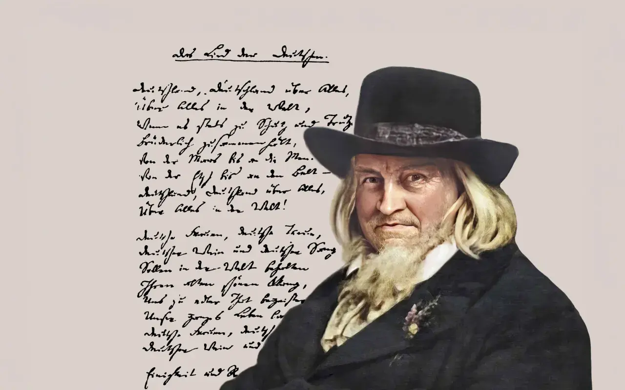 Ein Mann mit Hut und Bart, neben einem Gedicht, das von der Etsch bis an die Memel reicht.