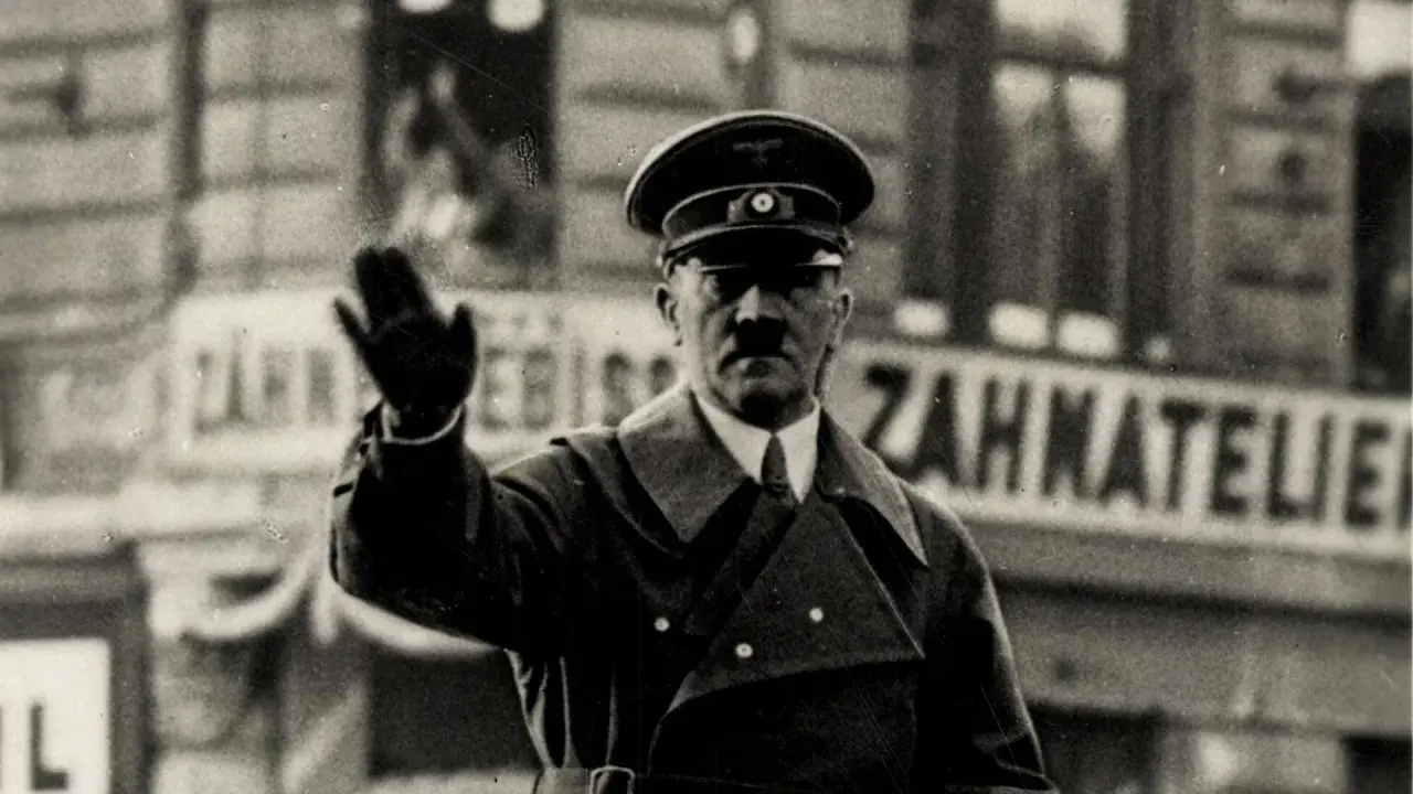 Adolf Hitler winkt. Er trug eine Uniform und einen Hut. Hinter ihm ist eine Tafel mit der Aufschrift "Zahnatelie". Was hat Hitler gemacht? Er hat den Zweiten Weltkrieg begonnen.