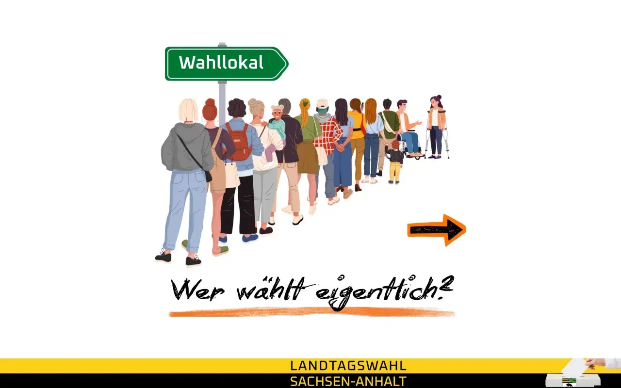 Menschen stehen Schlange vor einem Wahlbüro. Die Frage