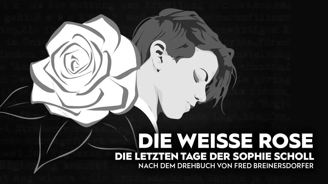 Eine weiße Rose und das Porträt einer jungen Frau, die an den Tod erinnert, wer war Sophie Scholl.