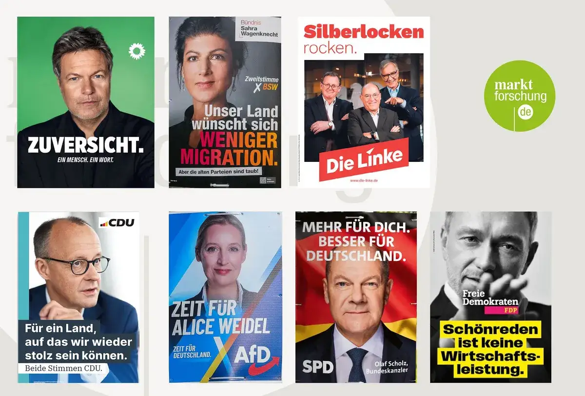 CDU Wahlplakate und andere Parteien zeigen Spitzenkandidaten. Ein Plakat wirbt für